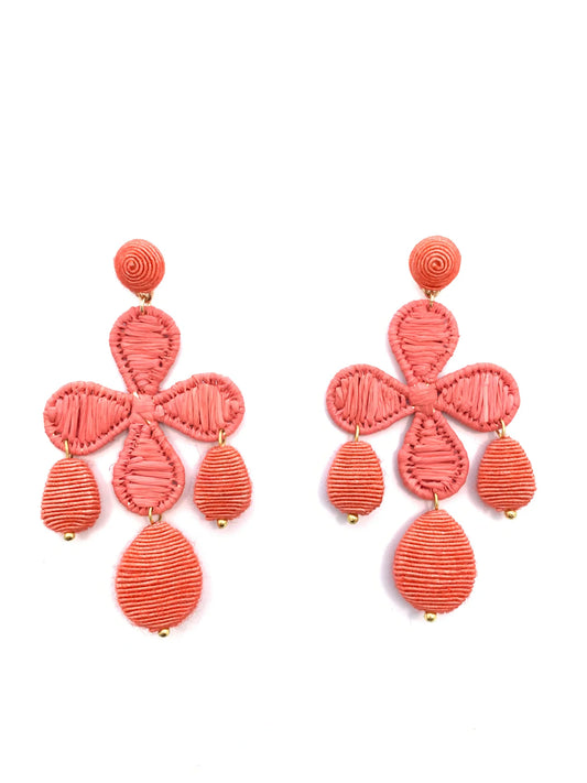 Coral Cord & Rattan Quatrefoil Drop Earrings