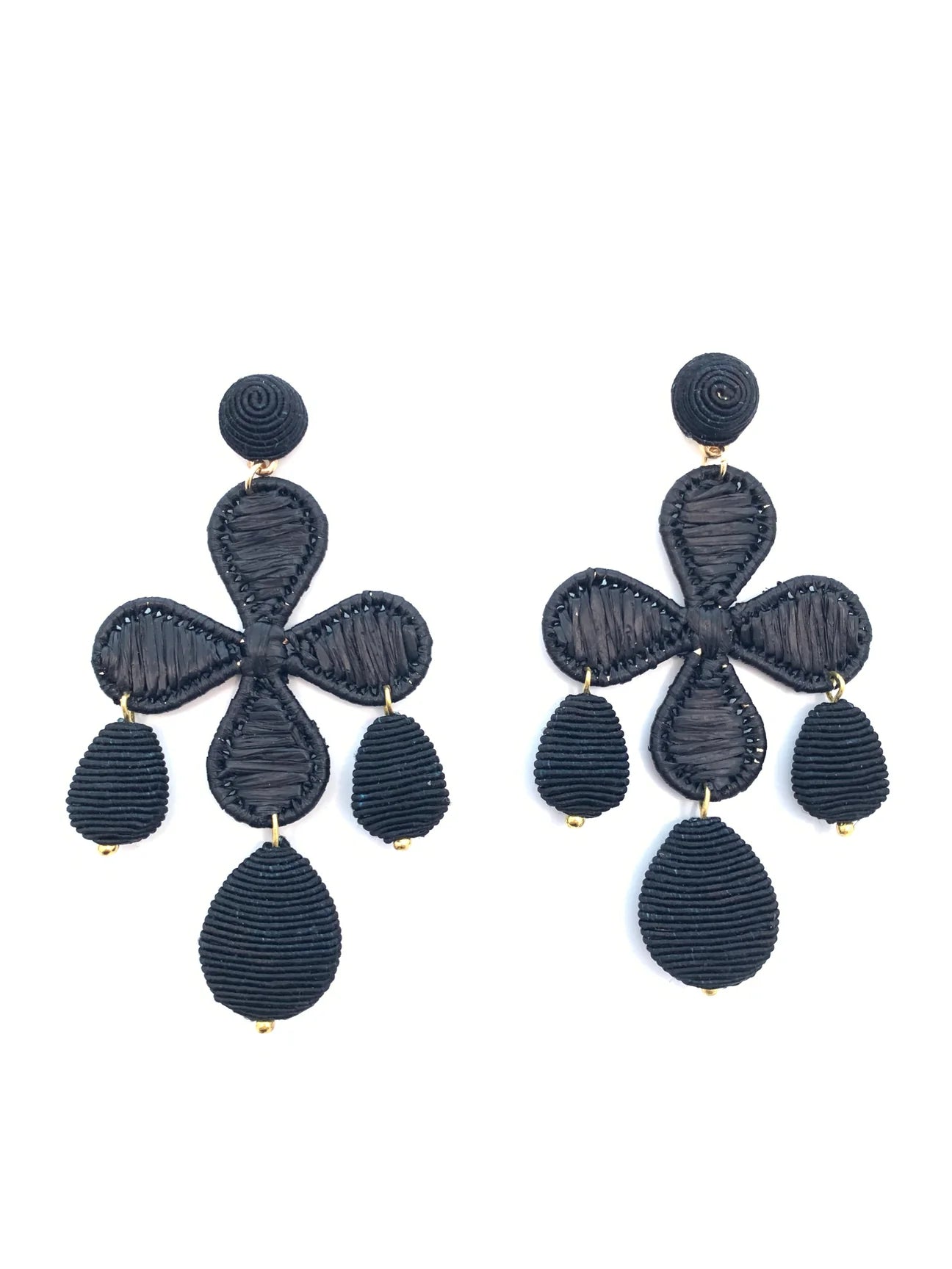 Black Cord & Rattan Quatrefoil Drop Earrings