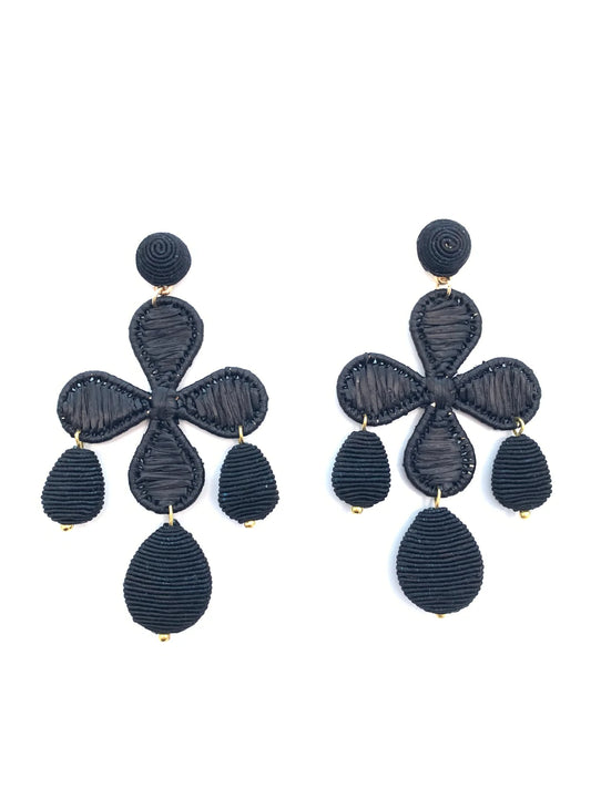 Black Cord & Rattan Quatrefoil Drop Earrings
