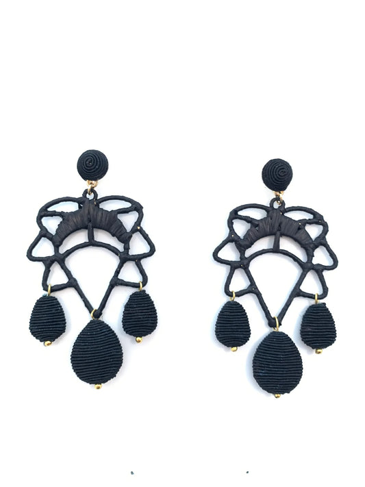 Black Cord & Rattan Lotus Drop Earrings