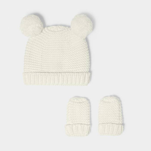 Knitted Hat & Mittens Set-White
