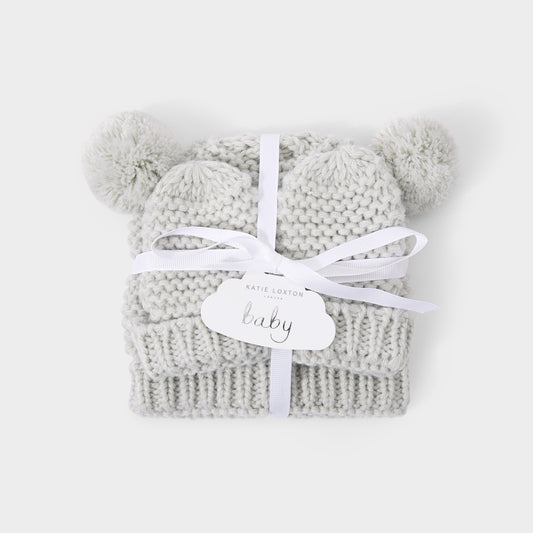 Knitted Hat & Mittens Set- Gray