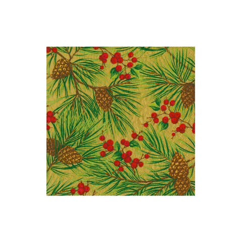 Evergreen and Berries Gold Cocktail Napkin
