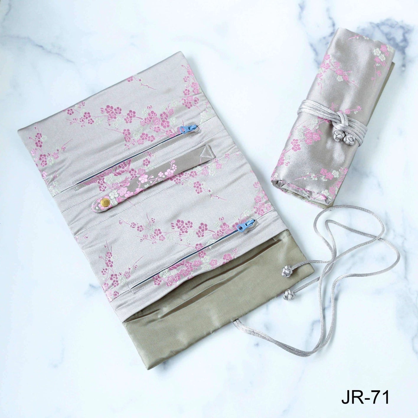 Cherry Blossom BrocadeJewelry Roll-Grey & Pink