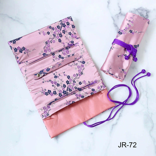 Cherry blossom Brocade Jewelry Roll- Mauve & Blue