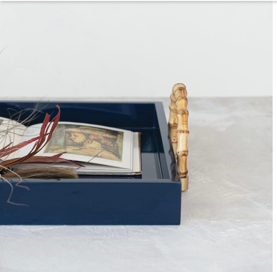 Navy Lacquered Tray w/ Bamboo Handles