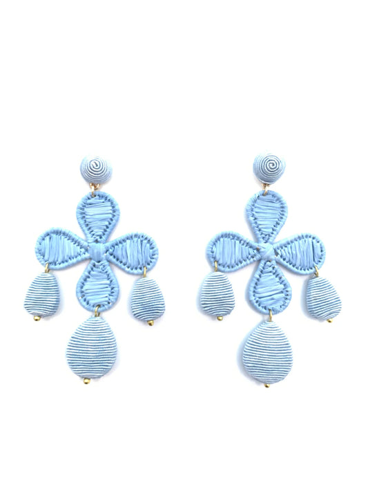 Chambray Blue Cord & Rattan Quatrefoil Drop Earrings