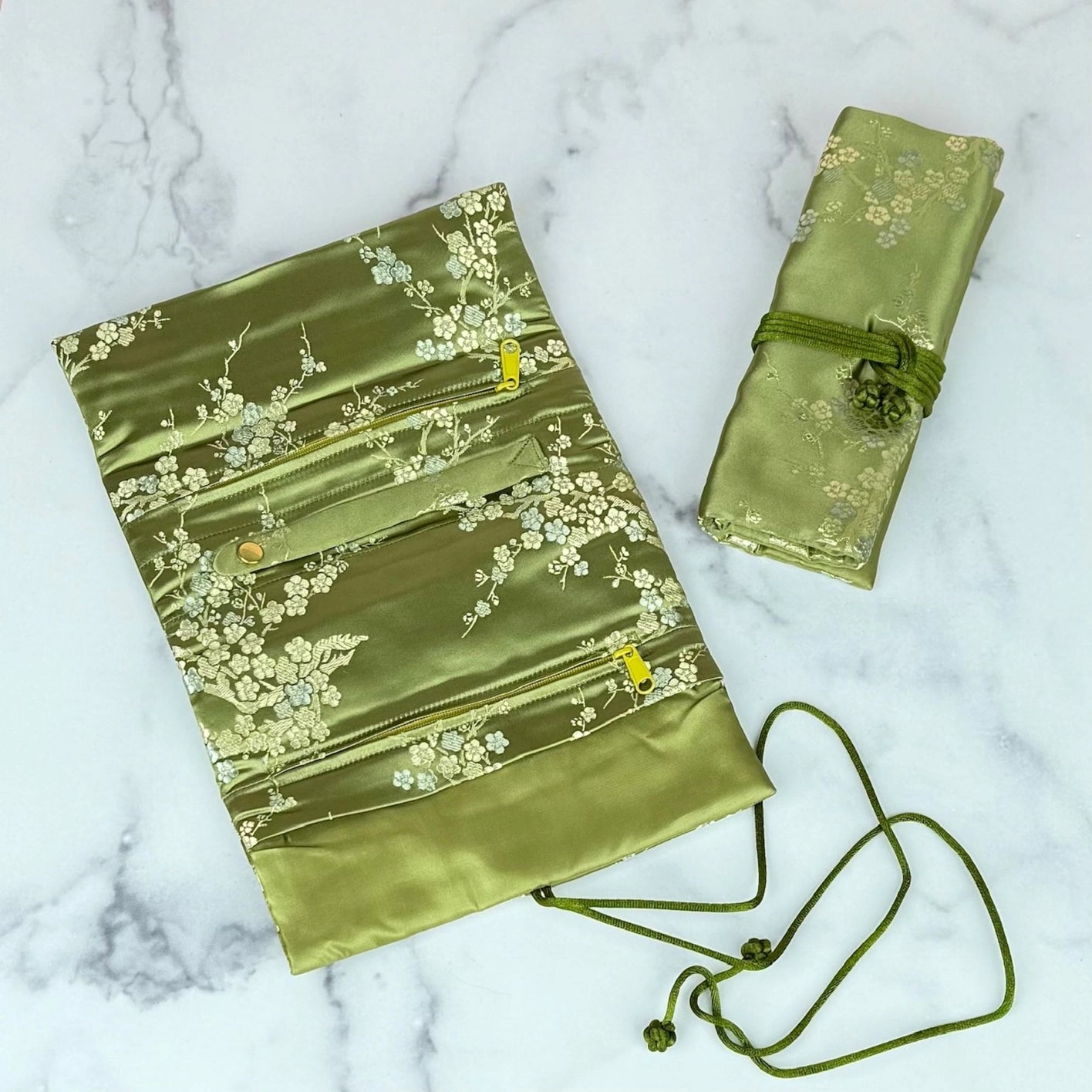 Cherry Blossom Brocade Jewelry Roll-Green