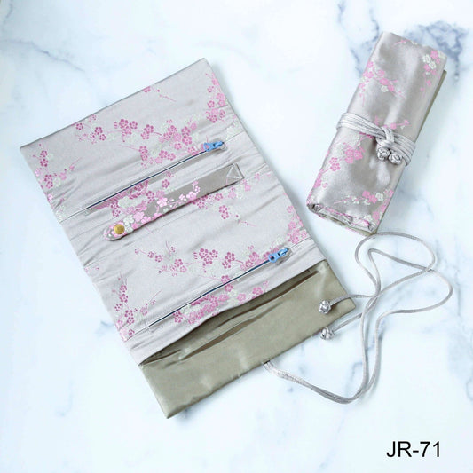 Cherry Blossom BrocadeJewelry Roll-Grey & Pink