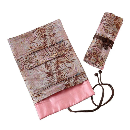 Peacock Feather Brocade Jewelry Roll-Grey & Pink