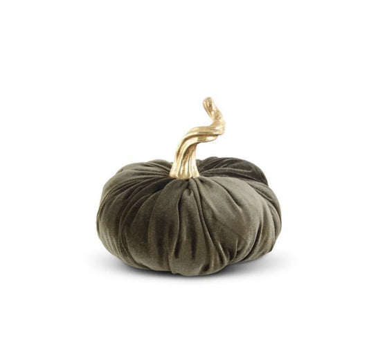 10in Green Velvet Stuffed Pumpkin w/ Twisted Gold Stem