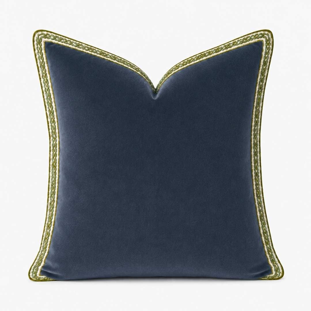 Navy Velvet Pillow with Green Embroidery